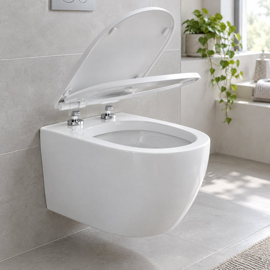 Abattant WC clipsable blanc soulevé de sa cuvette suspendue, charnières chromées à déverrouillage rapide