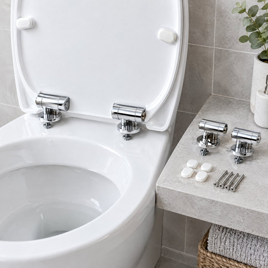 Charnières chromées d'un abattant WC blanc, avec une paire de charnières de rechange, des butées blanches et des vis posées à côté