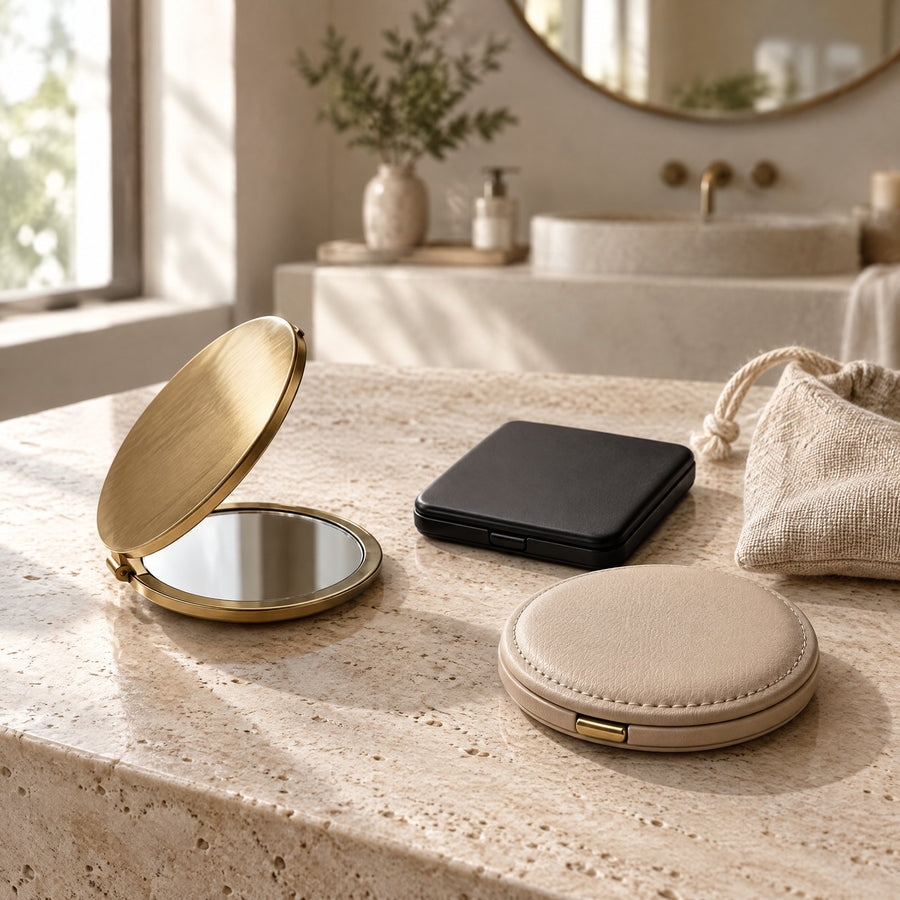 Miroirs de poche compacts doré, noir et beige posés sur un plan de vasque en travertin