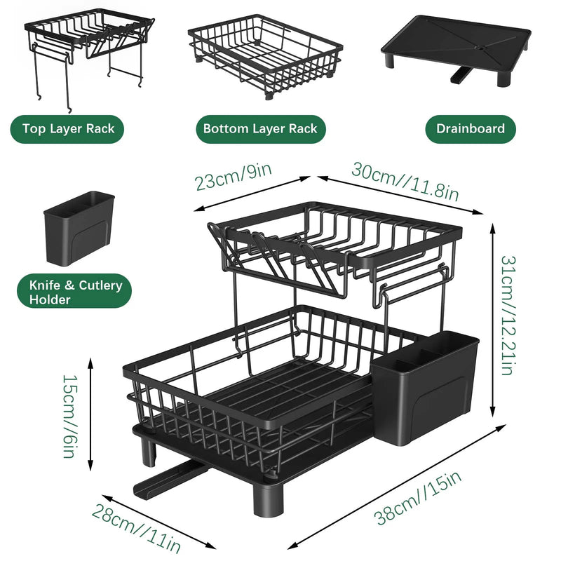 Égouttoir à Vaisselle Compact en Acier au Carbone Antirouille Noir