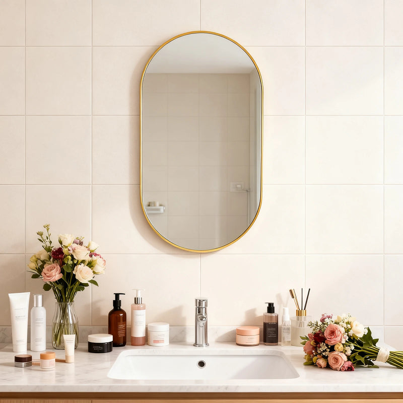 Miroir Mural Ovale Doré Cadre Aluminium 50 x 70 cm