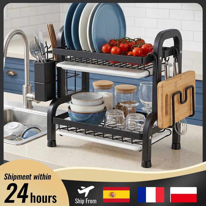 Égouttoir à Vaisselle 2 Niveaux Noir avec Bac Amovible, 42 ou 53 cm