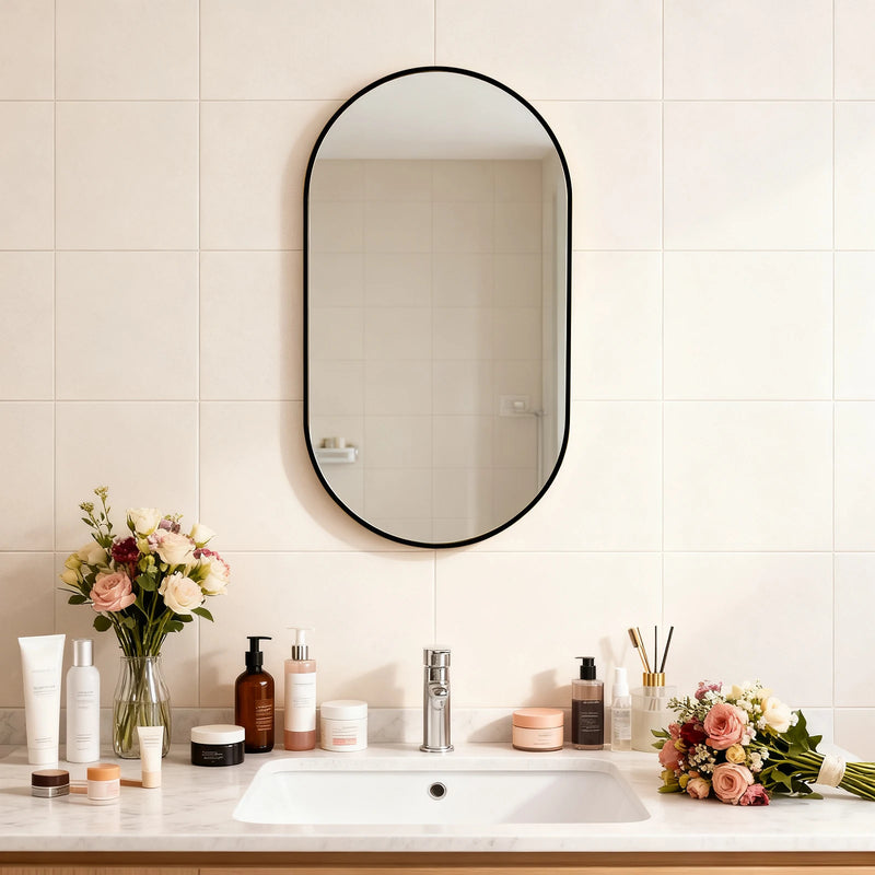 Miroir Mural Ovale Noir Cadre Aluminium 50 x 70 cm