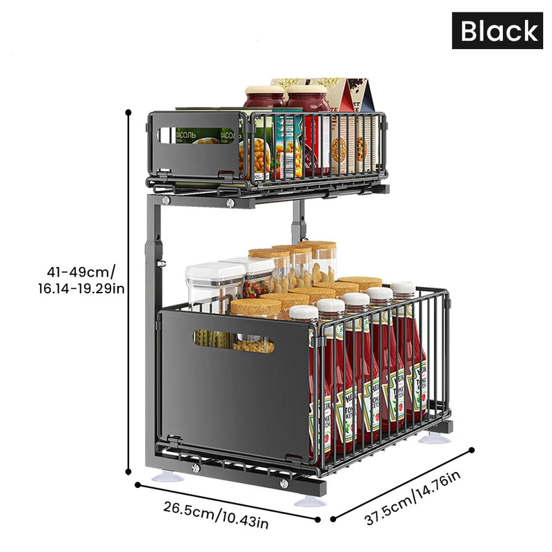 Rangement Sous Évier Coulissant en Acier Noir, 2 Niveaux, 2 Tailles