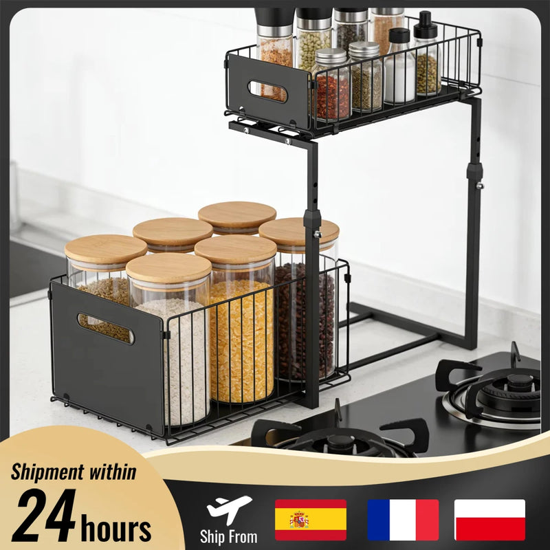 Rangement Sous Évier Coulissant en Acier Noir, 2 Niveaux, 2 Tailles