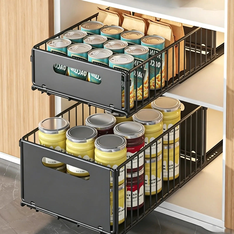 Rangement Coulissant Sous Évier Noir, 2 Niveaux ou Panier Seul en Acier