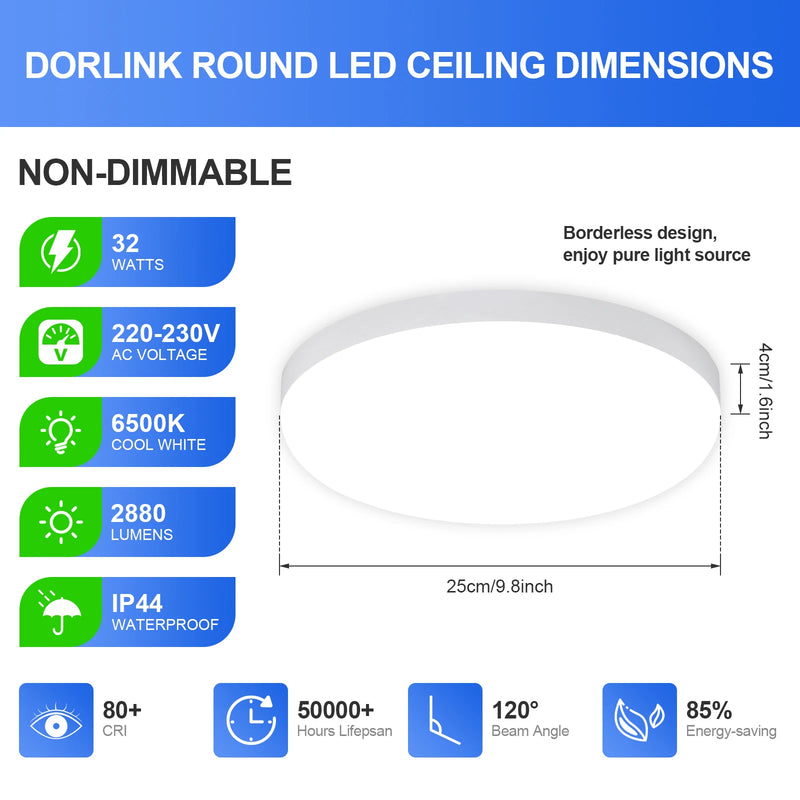 Plafonnier Cuisine LED Rond Ultra Fin 32 W, Ø 25 cm