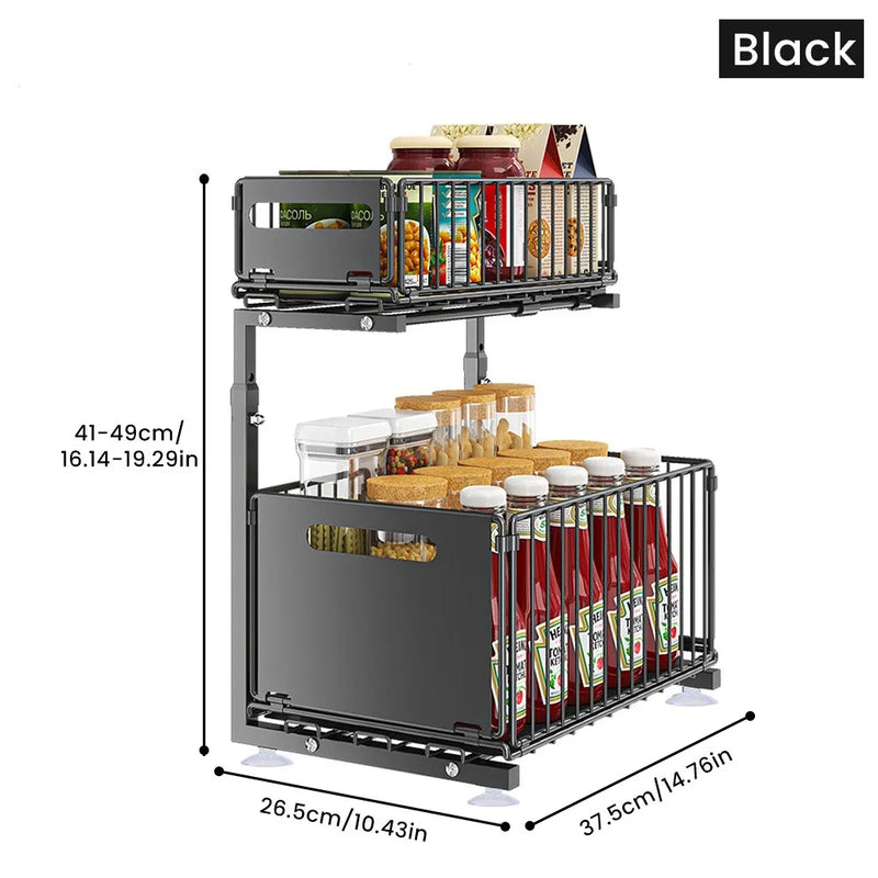 Rangement Sous Évier Coulissant en Acier Noir, 2 Niveaux, 2 Tailles