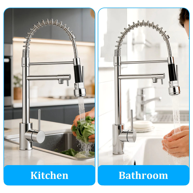 Mitigeur Cuisine à Ressort, Douchette 2 Jets, Pivotant 360°, Hauteur 46 cm