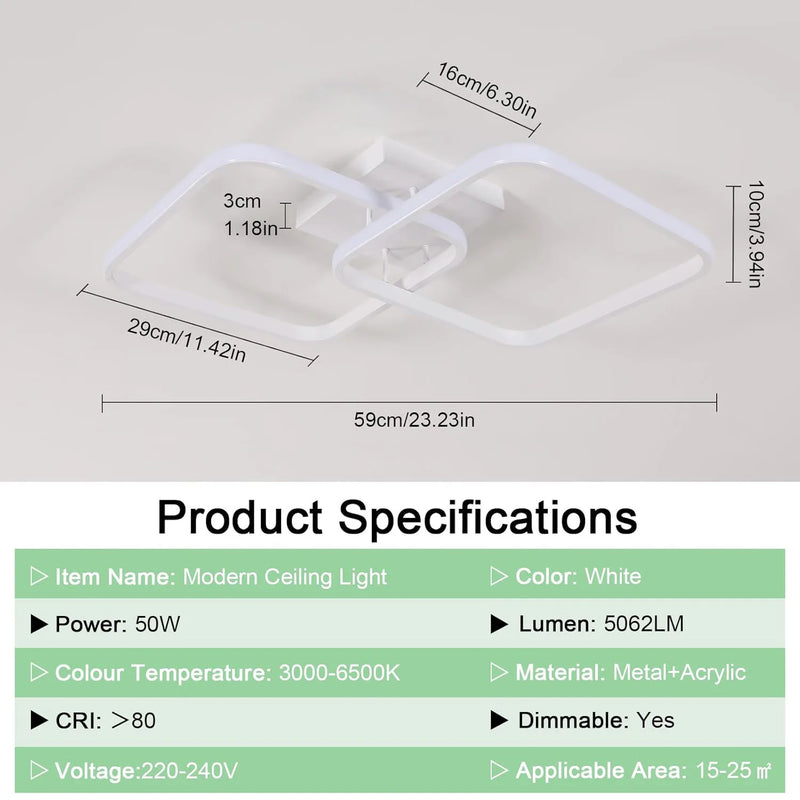 Plafonnier LED Cuisine Carré Dimmable Télécommandé