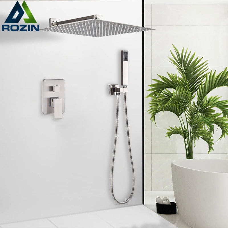 Douche Encastrable Nickel Brossé 2 ou 3 Voies, Pommeau Inox Carré