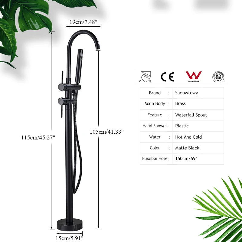 Robinet Baignoire sur Pied en Laiton avec Douchette 115 cm