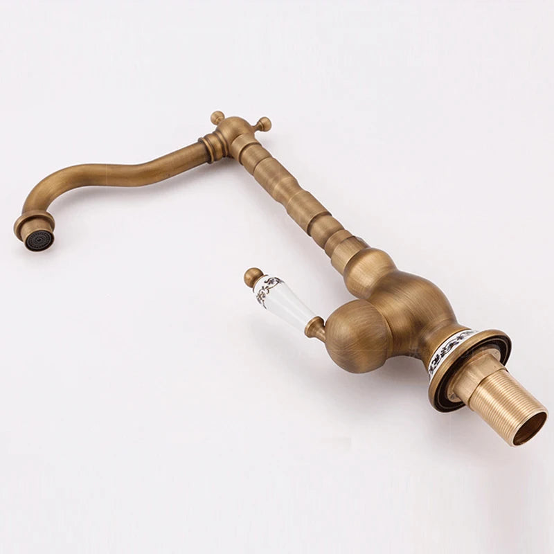 Mitigeur Lavabo Rétro Laiton Antique Pivotant, Poignée Céramique ou Laiton
