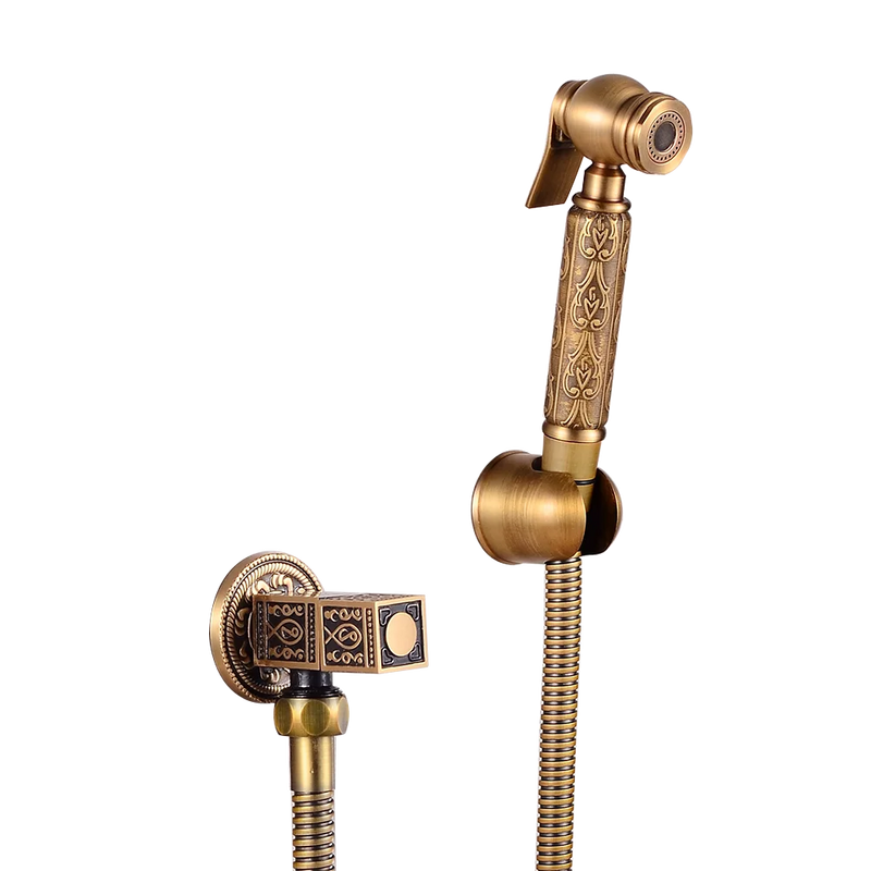 Douchette WC Laiton Bronze Antique avec Robinet d'Angle Gravé