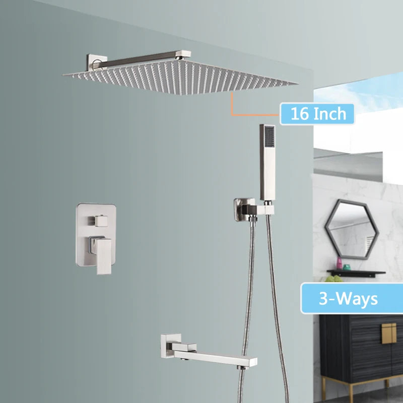 Douche Encastrable Nickel Brossé 2 ou 3 Voies, Pommeau Inox Carré