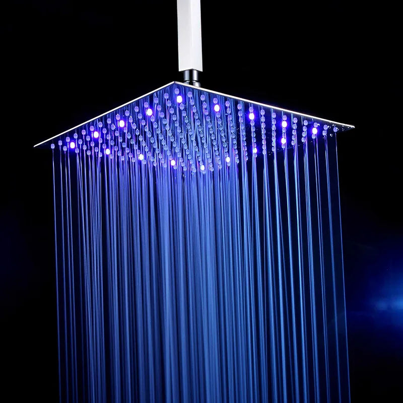 Pommeau de Douche LED Carré Inox Effet Pluie, 25 à 50 cm