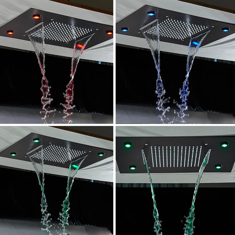 Pommeau de Douche LED Encastré Plafond Pluie et Cascade Télécommande
