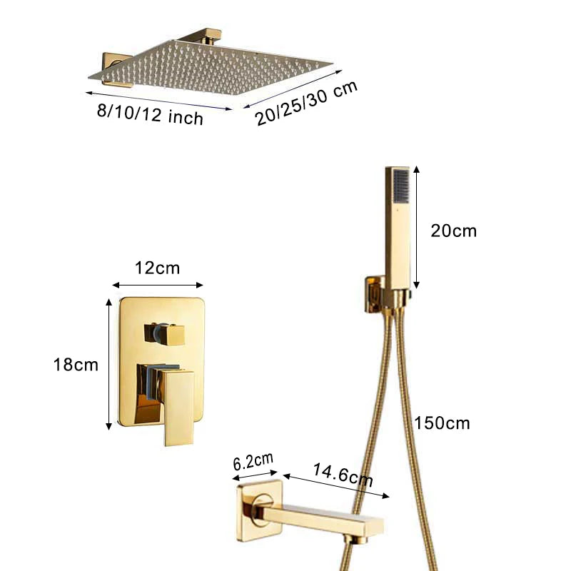 Douche Encastrable Dorée Carrée avec Pluie 20, 25 ou 30 cm