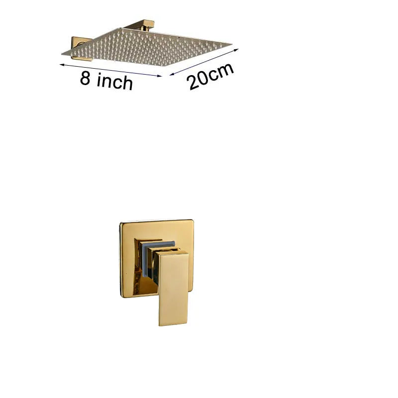 Douche Encastrable Dorée Carrée avec Pluie 20, 25 ou 30 cm