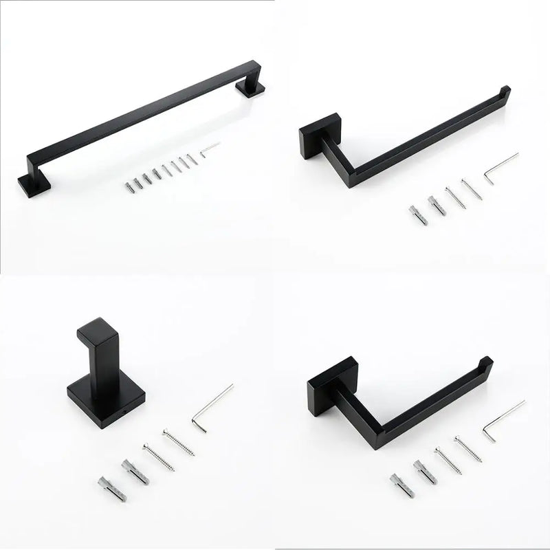 Accessoires Salle de Bain Carrés Inox Noir Mat à la Pièce, 6 Articles
