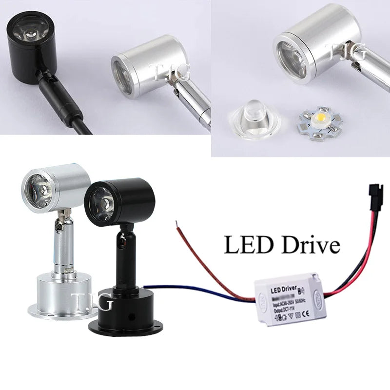 Mini Spot LED Orientable sous Meuble et Vitrine, 1 ou 3 W, Argent ou Noir