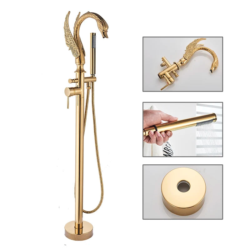 Robinet Baignoire sur Pied Col de Cygne Laiton avec Douchette, 4 Finitions