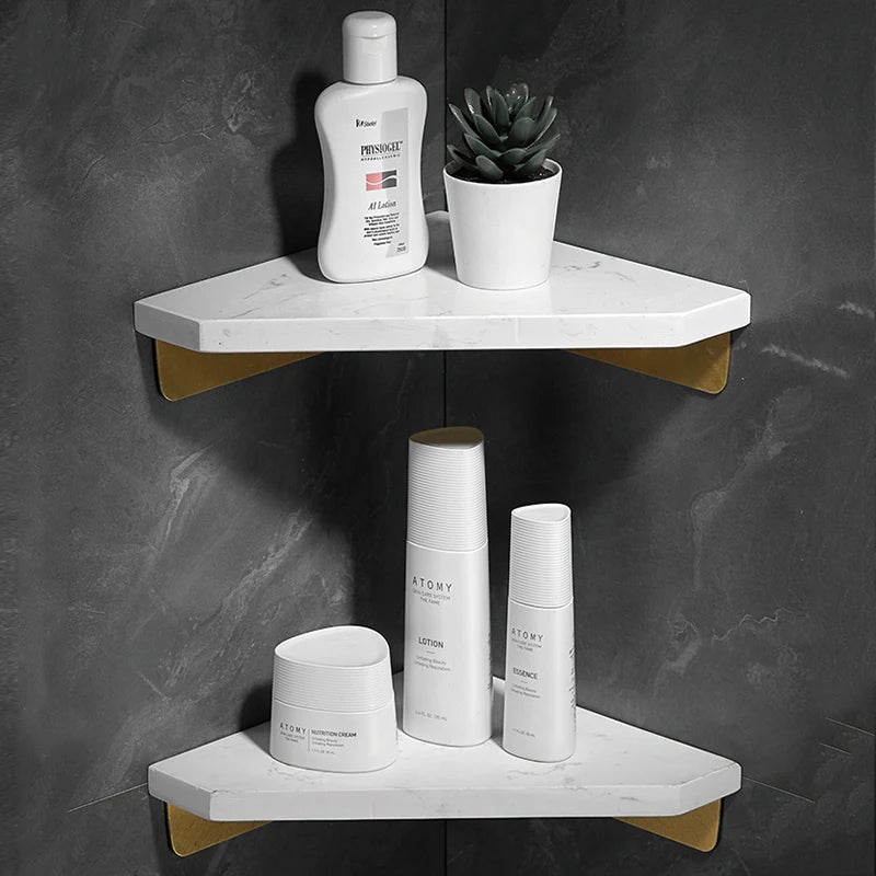 Étagère d'Angle Salle de Bain en Marbre Blanc avec Rangement