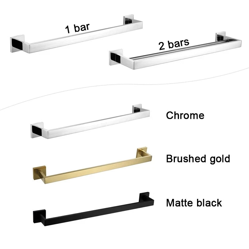 Porte-Serviette Mural Carré Inox 304 60 cm, 1 ou 2 Barres