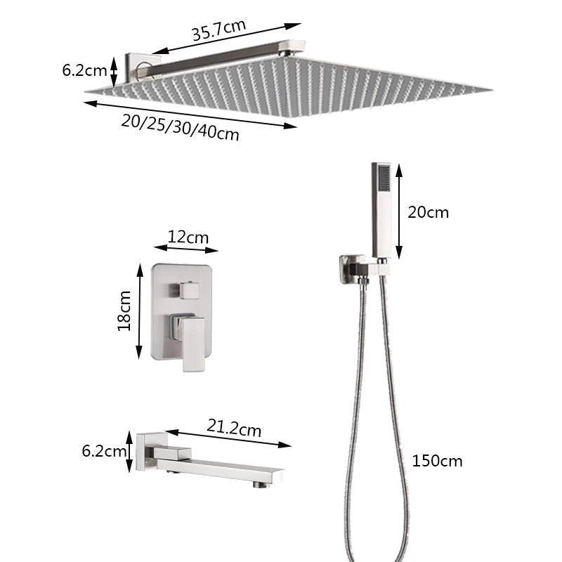 Douche Encastrable Nickel Brossé 2 ou 3 Voies, Pommeau Inox Carré