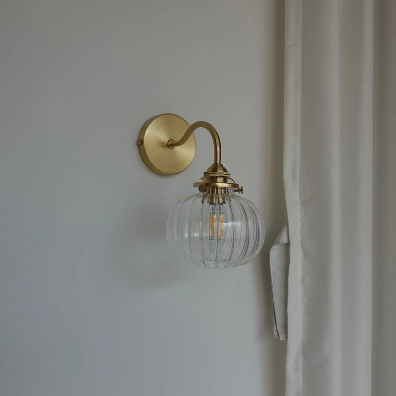 Applique Salle de Bain Dorée Globe Verre Côtelé, Opalin ou Bleu