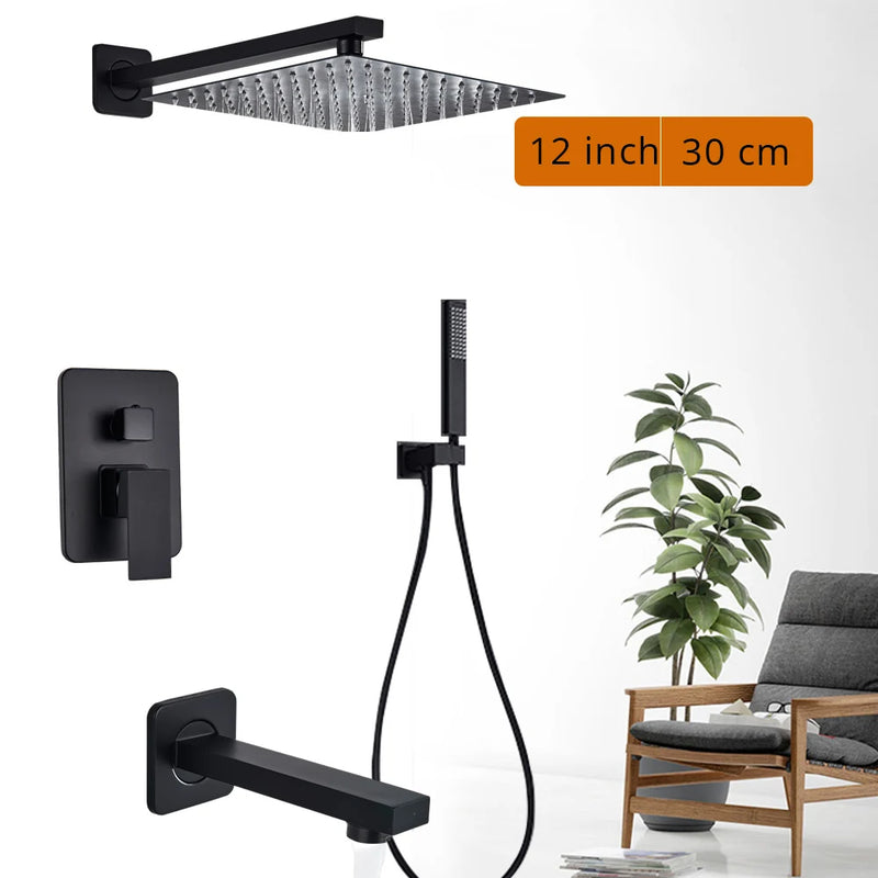 Douche Encastrable Noir Mat avec Pommeau Carré 20 à 40 cm et Douchette