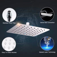 Pommeau de Douche LED Carré Inox Effet Pluie, 25 à 50 cm
