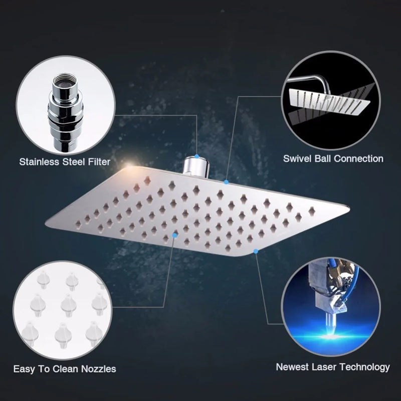 Pommeau de Douche LED Carré Inox Effet Pluie, 25 à 50 cm