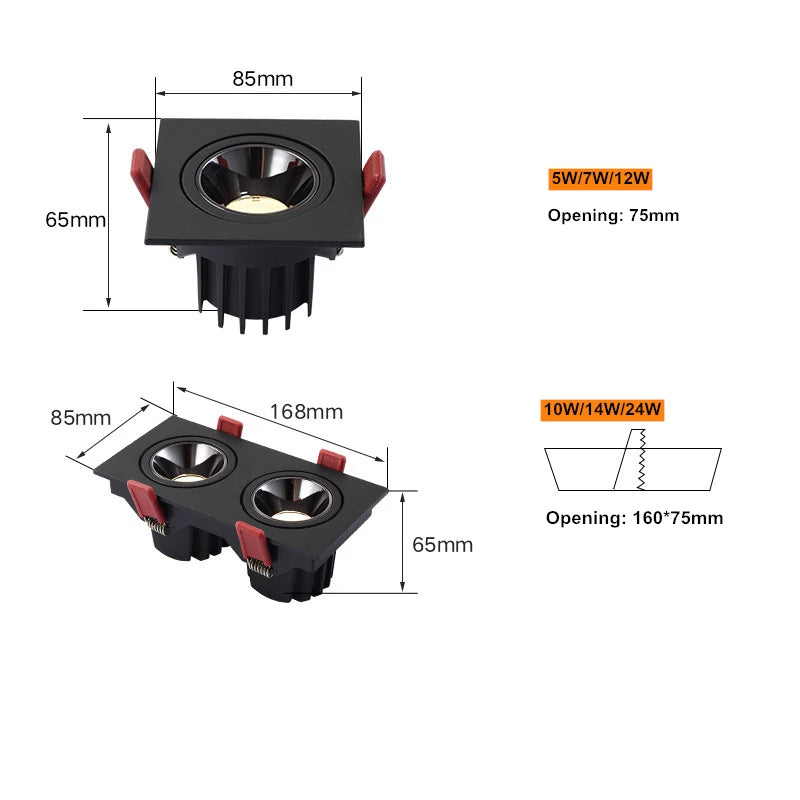 Spot LED Encastrable Carré Cuisine Anti-Éblouissement, Simple ou Double Tête
