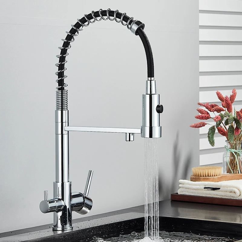 Mitigeur Cuisine 3 Voies à Ressort avec Douchette Extractible et Eau Filtrée
