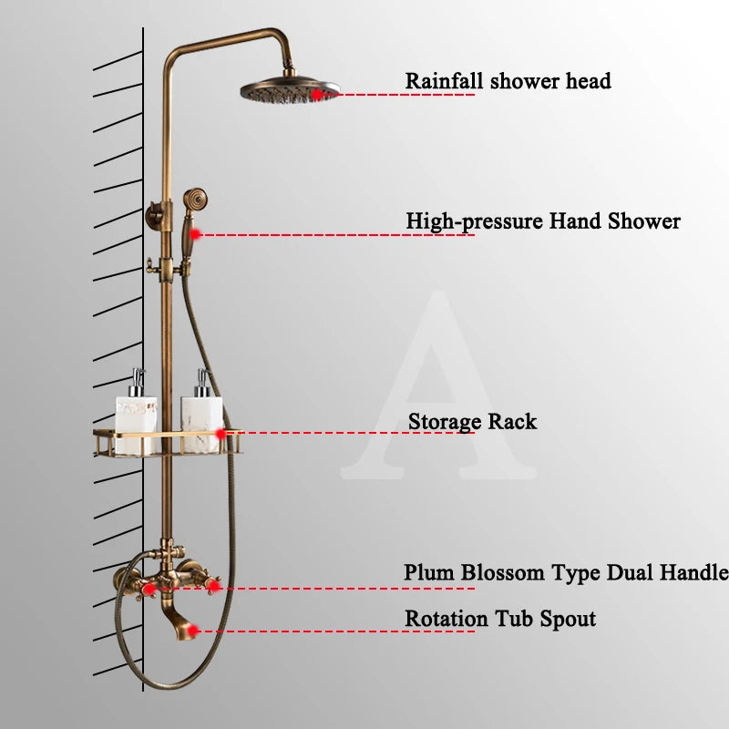 Colonne de Douche Rétro Laiton Antique ou Noir Mat, Pommeau Pluie 20 cm