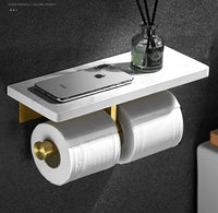 Porte-Papier Toilette Mural avec Tablette Marbre et Aluminium Doré