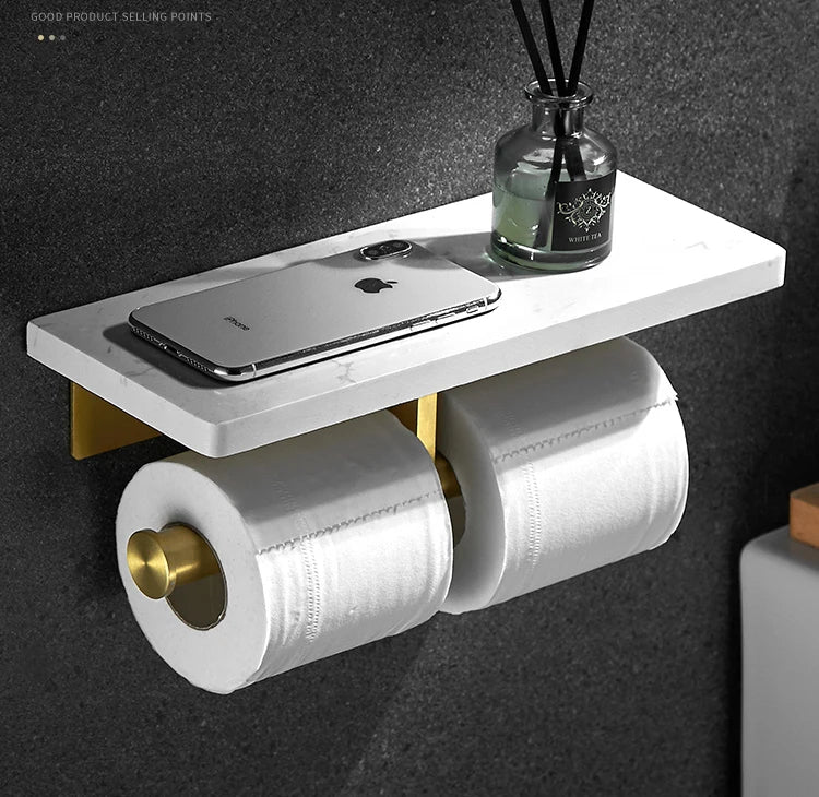 Porte-Papier Toilette Mural avec Tablette Marbre et Aluminium Doré