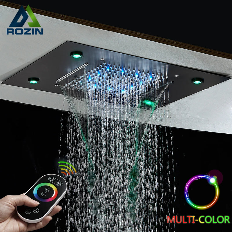 Pommeau de Douche LED Encastré Plafond Pluie et Cascade Télécommande