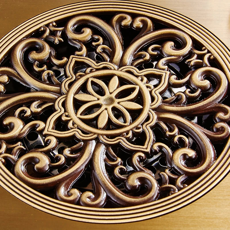 Bonde de Douche Carrée Laiton Bronze Antique 15 x 15 cm, Grille Ronde Sculptée
