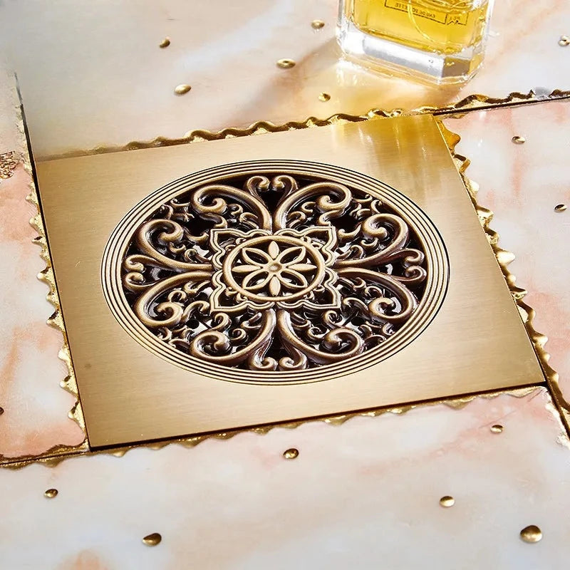 Bonde de Douche Carrée Laiton Bronze Antique 15 x 15 cm, Grille Ronde Sculptée