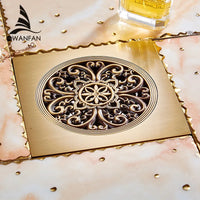 Bonde de Douche Carrée Laiton Bronze Antique 15 x 15 cm, Grille Ronde Sculptée