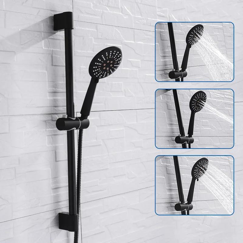 Barre de Douche Coulissante Noir Mat, Douchette 3 Jets et Flexible