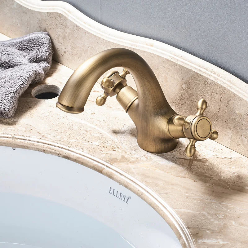 Mitigeur Lavabo Rétro Laiton Vieilli, Double Poignée, Monotrou