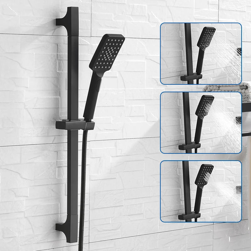 Barre de Douche Coulissante Noir Mat, Douchette Carrée 3 Jets et Flexible