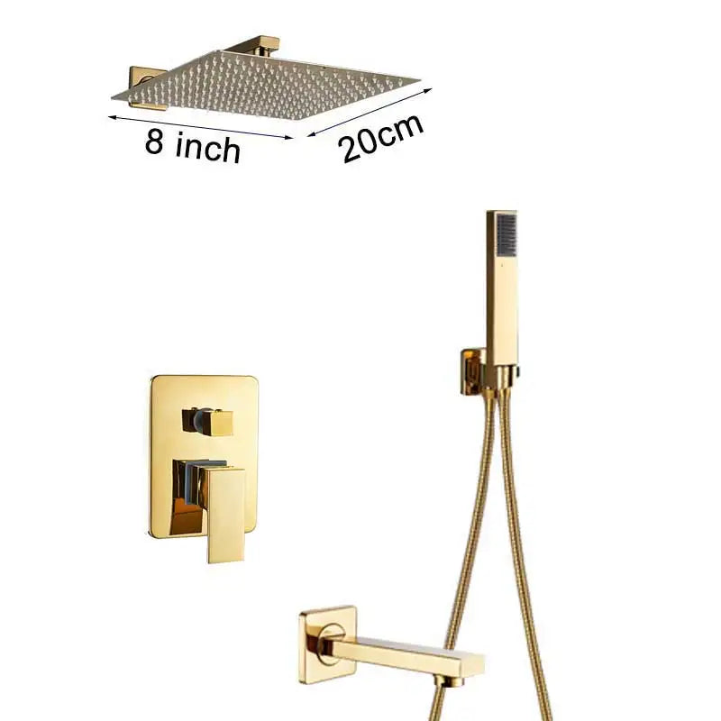 Douche Encastrable Dorée Carrée avec Pluie 20, 25 ou 30 cm