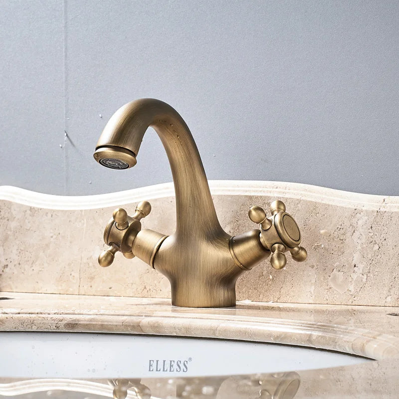 Mitigeur Lavabo Rétro Laiton Vieilli, Double Poignée, Monotrou