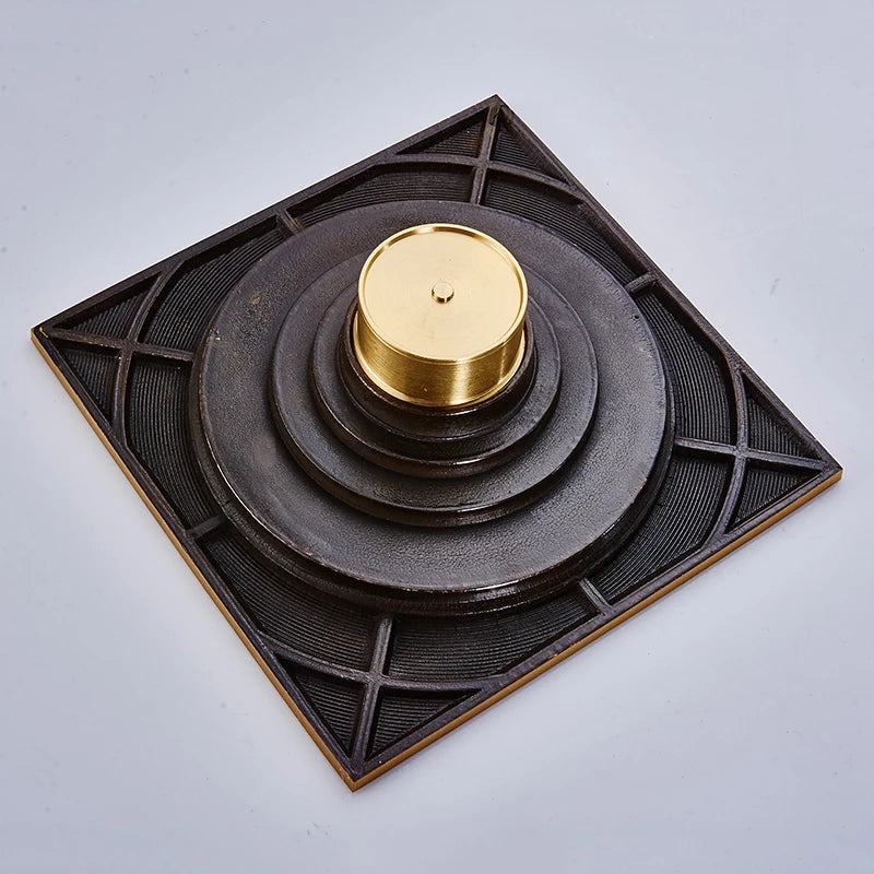 Bonde de Douche Carrée Laiton Bronze Antique 15 x 15 cm, Grille Ronde Sculptée