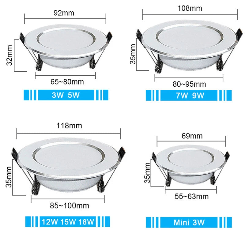 Spot LED Encastrable Blanc Liseré Argent, 3 à 18 W, Ø 69 à 118 mm