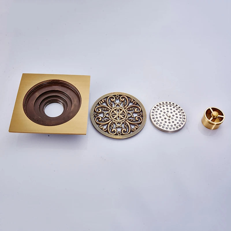 Bonde de Douche Carrée Laiton Bronze Antique 15 x 15 cm, Grille Ronde Sculptée